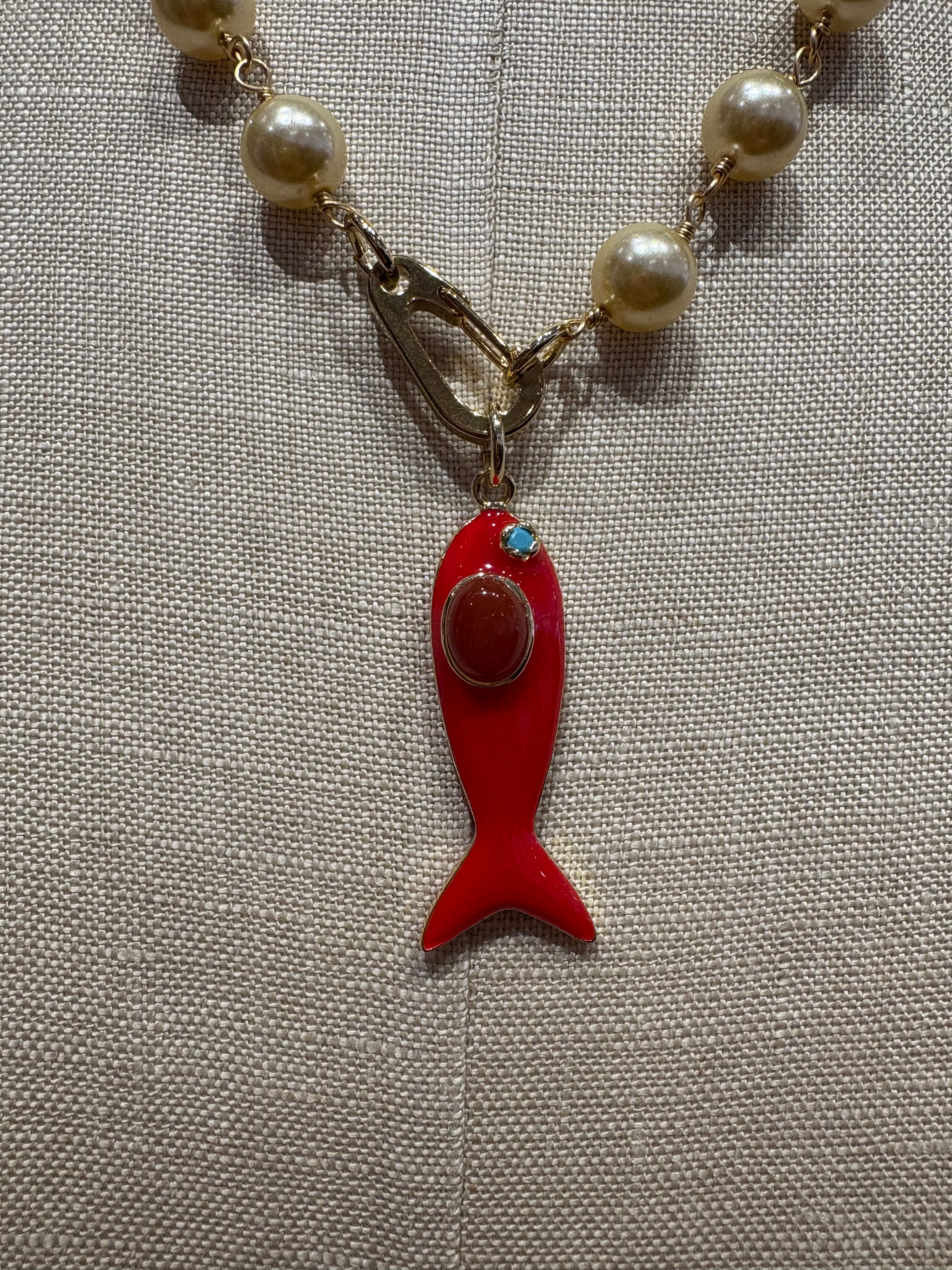 Fish on a Hook Necklace in Champagne w/ Red Fish