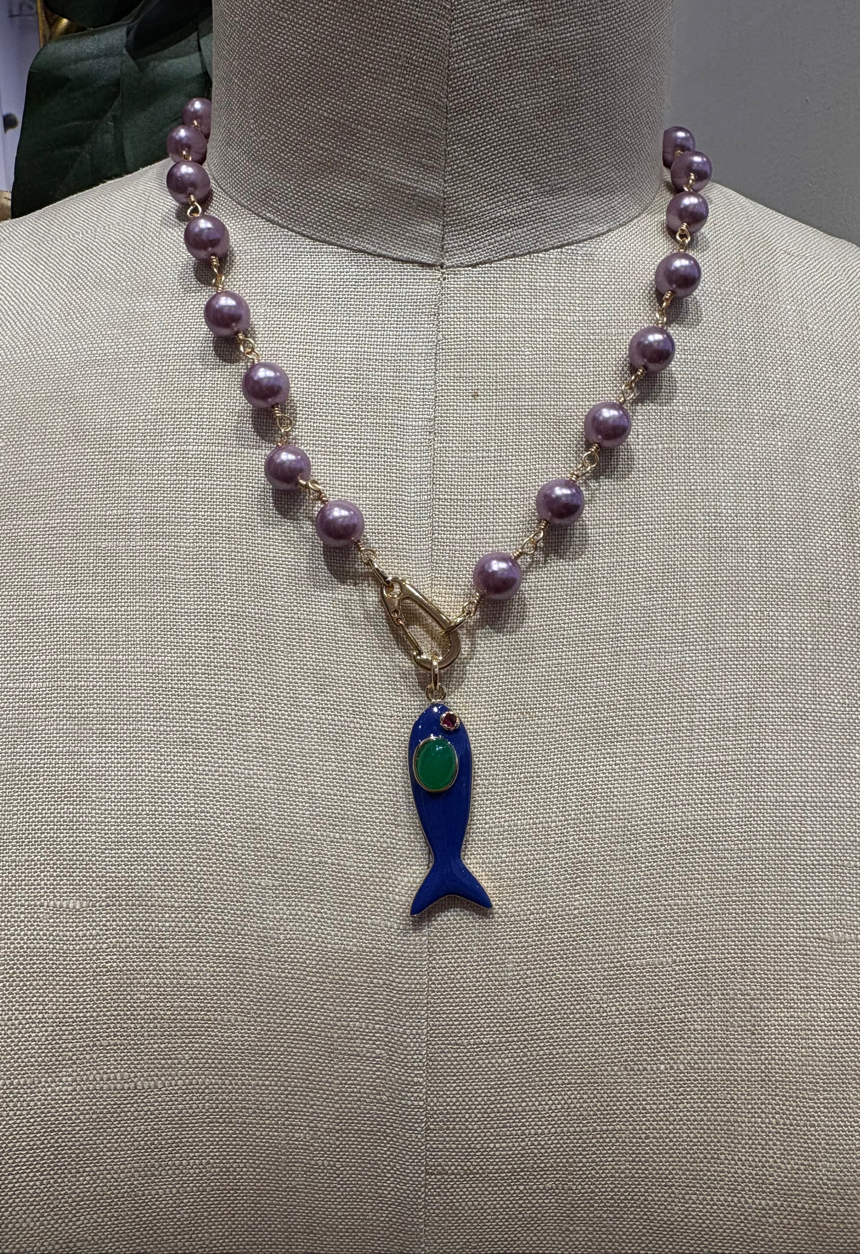 Fish on a Hook Necklace in Purple w/ Blue Fish