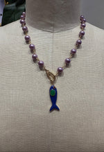 Load image into Gallery viewer, Fish on a Hook Necklace in Purple w/ Blue Fish
