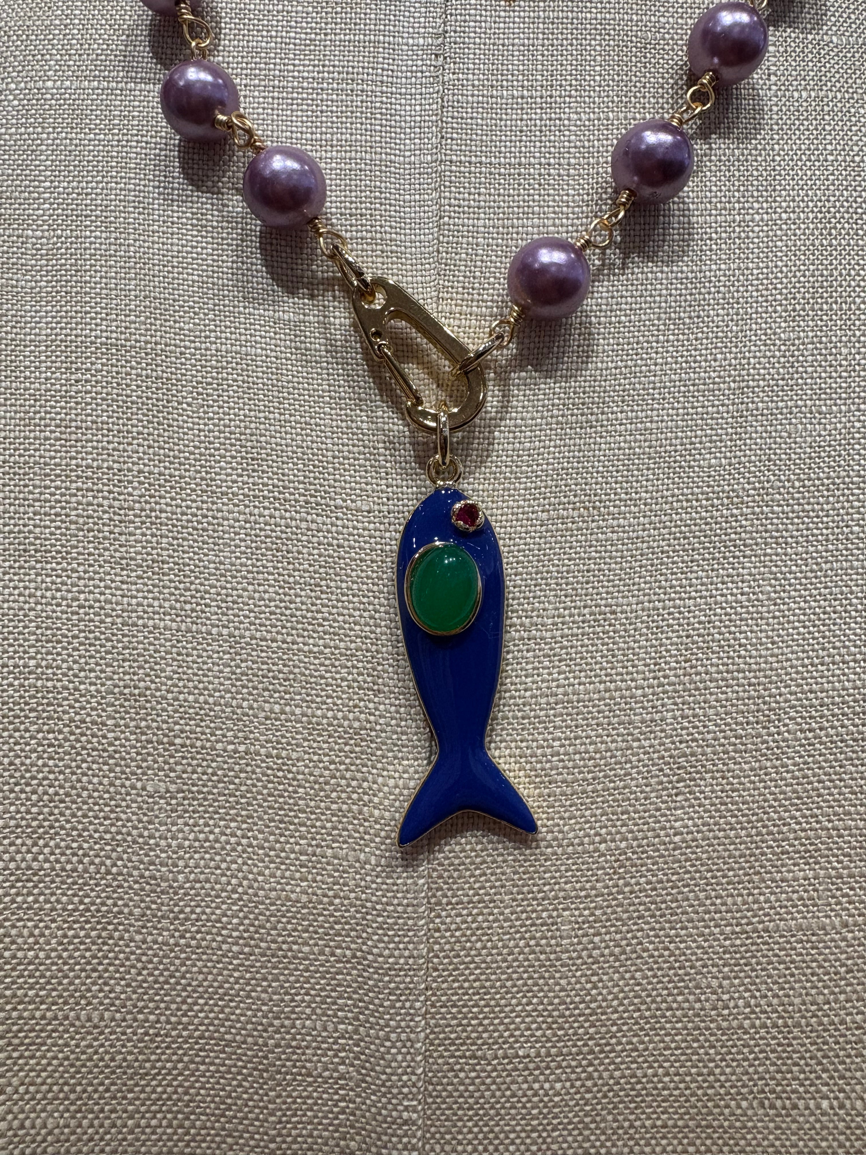 Fish on a Hook Necklace in Purple w/ Blue Fish