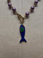 Load image into Gallery viewer, Fish on a Hook Necklace in Purple w/ Blue Fish

