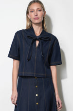 Load image into Gallery viewer, Inez Denim Tie Neck Top in Indigo
