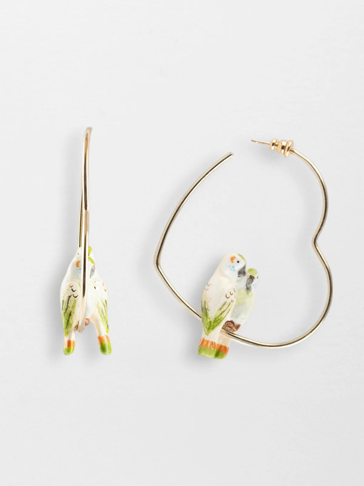 Pair of Parakeets on Heart Hoop Earrings