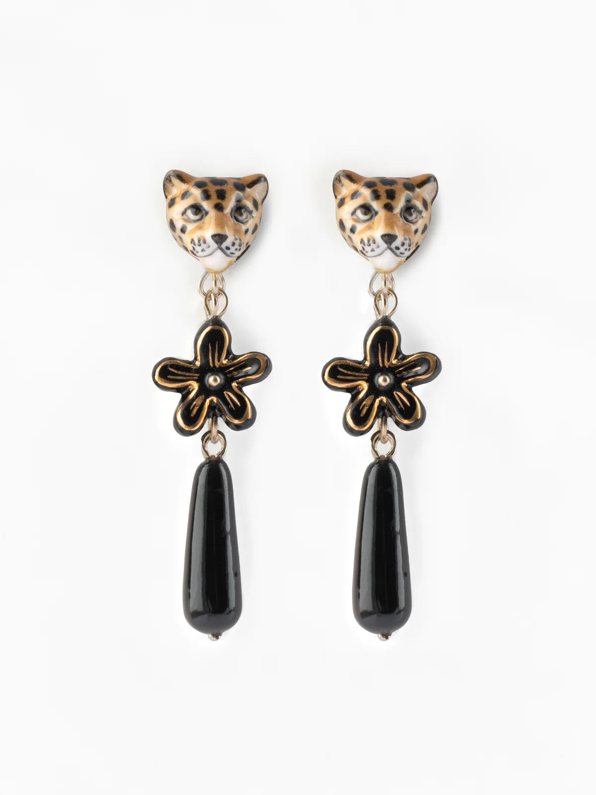 Leopard Head & Dangling Erine Flower Stud Earrings