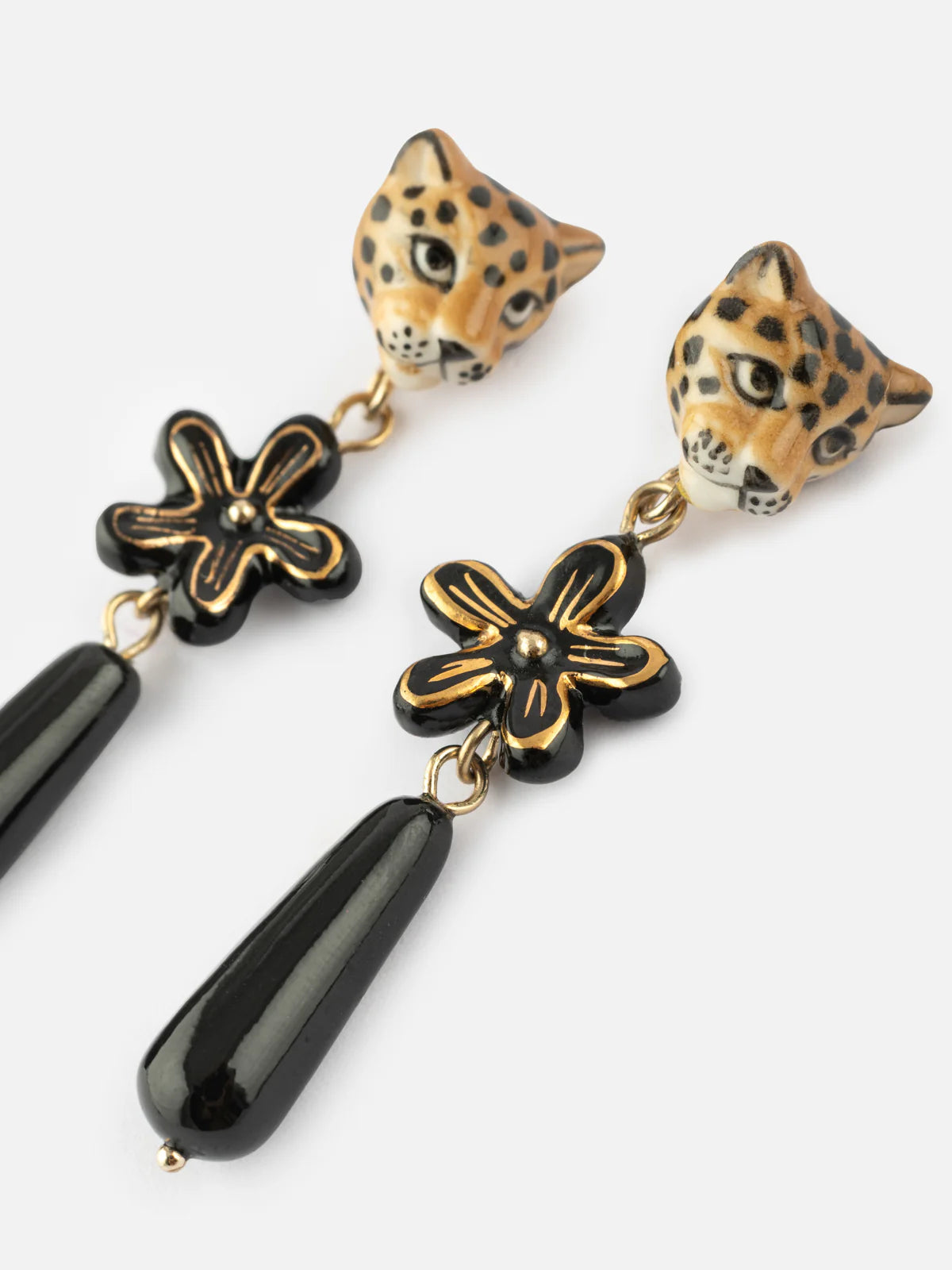 Leopard Head & Dangling Erine Flower Stud Earrings