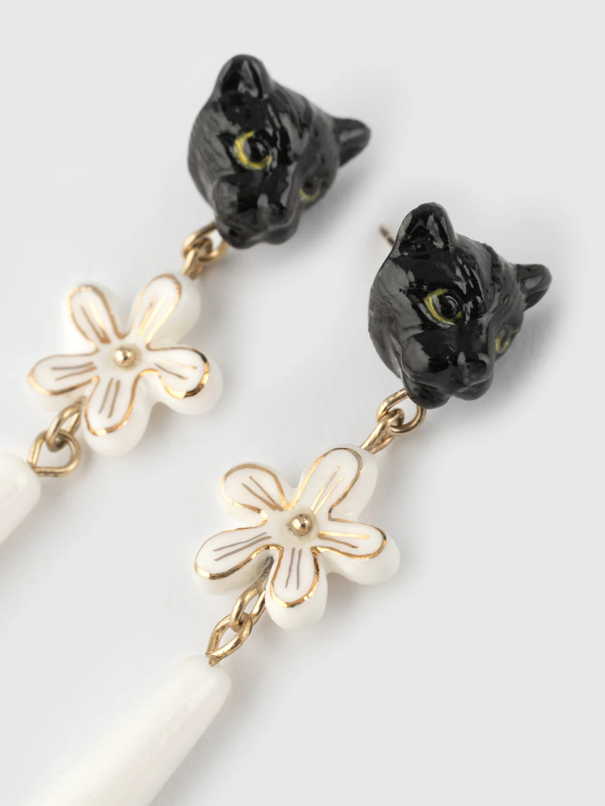 Black Panther Head & Dangling Erine Flower Stud Earrings