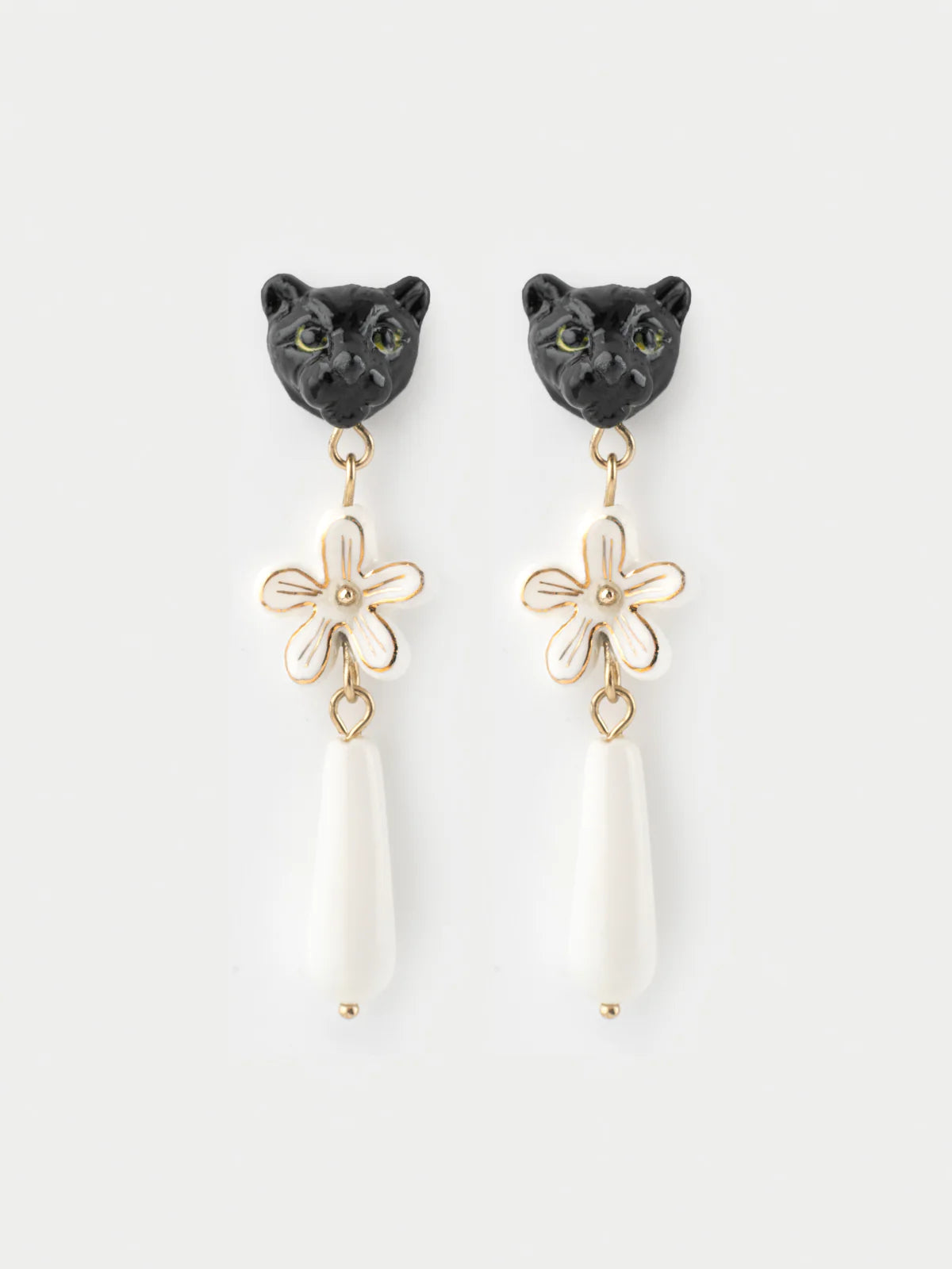 Black Panther Head & Dangling Erine Flower Stud Earrings