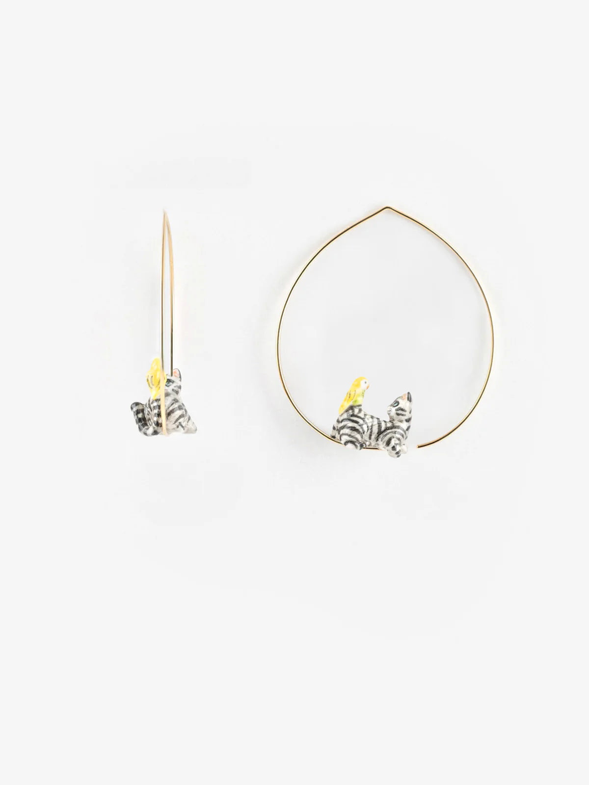 Small Tabby Grey Cat & Bird Hoop Earrings