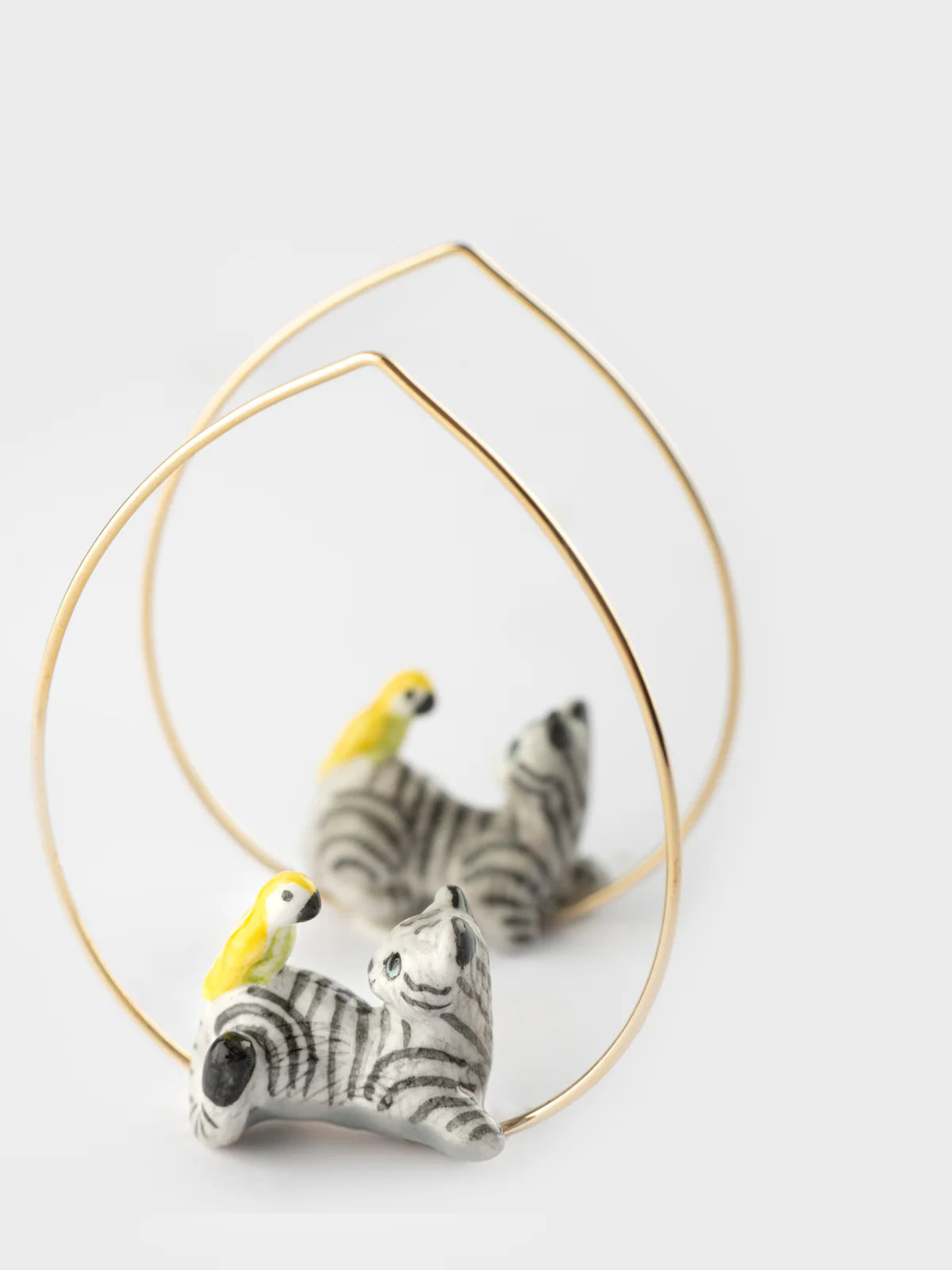 Small Tabby Grey Cat & Bird Hoop Earrings