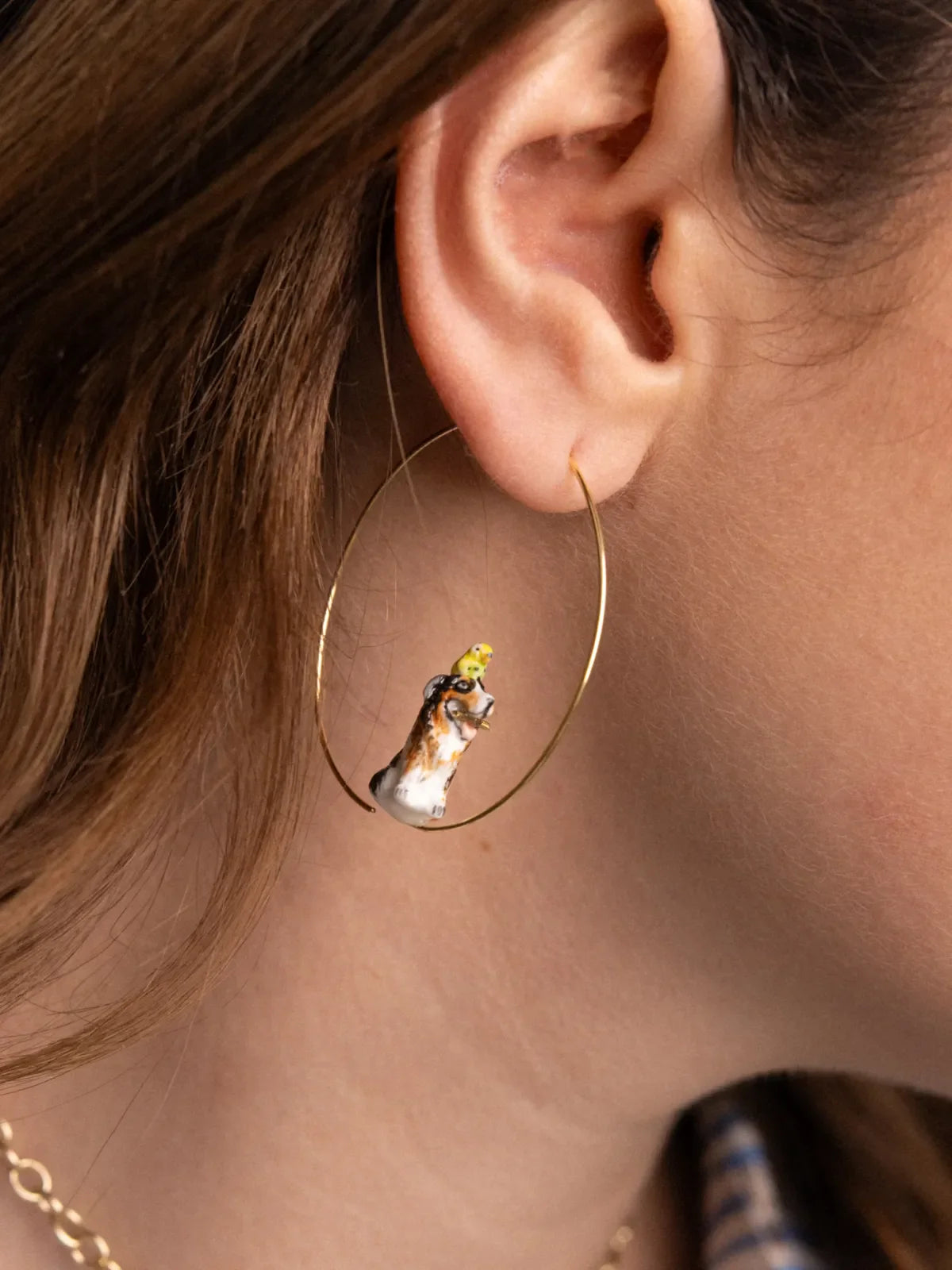 Playing Australian Shepherd Dog and Bird Hoop Earrings