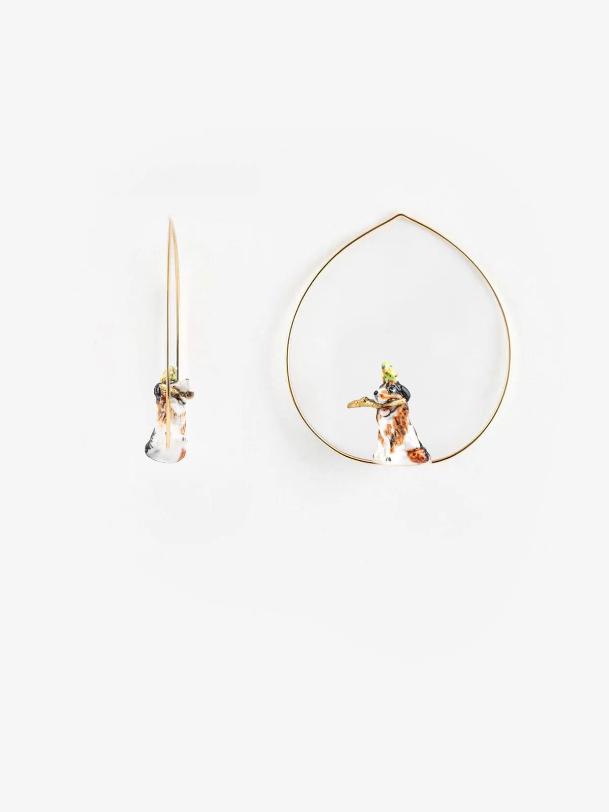 Playing Australian Shepherd Dog and Bird Hoop Earrings