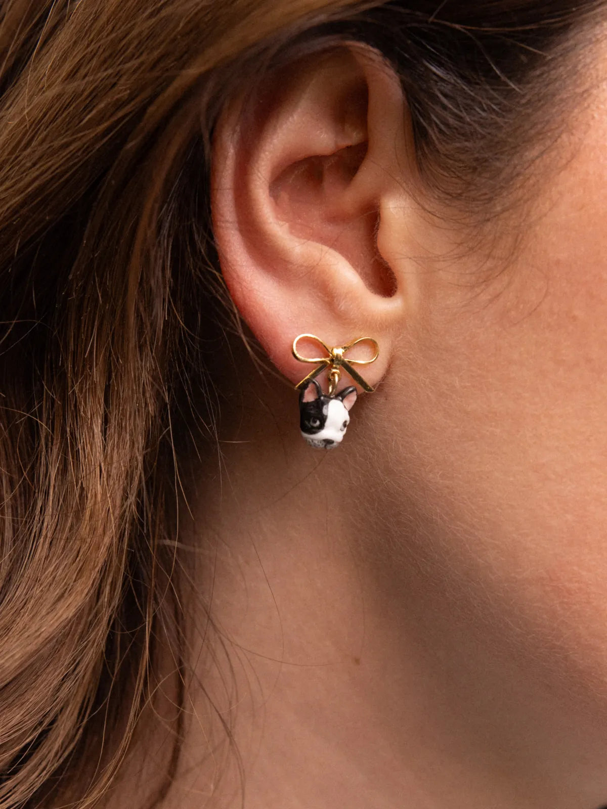 Bow and French Bull Dog Head Stud Earrings