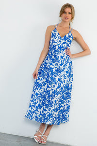Strappy Floral Maxi Dress in Blue and White