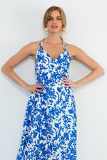 Load image into Gallery viewer, Strappy Floral Maxi Dress in Blue and White
