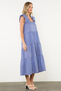 Striped Midi Tiered Dress in Blue and White