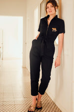 Load image into Gallery viewer, Billy Boilersuit in Black with Leopard Pocket
