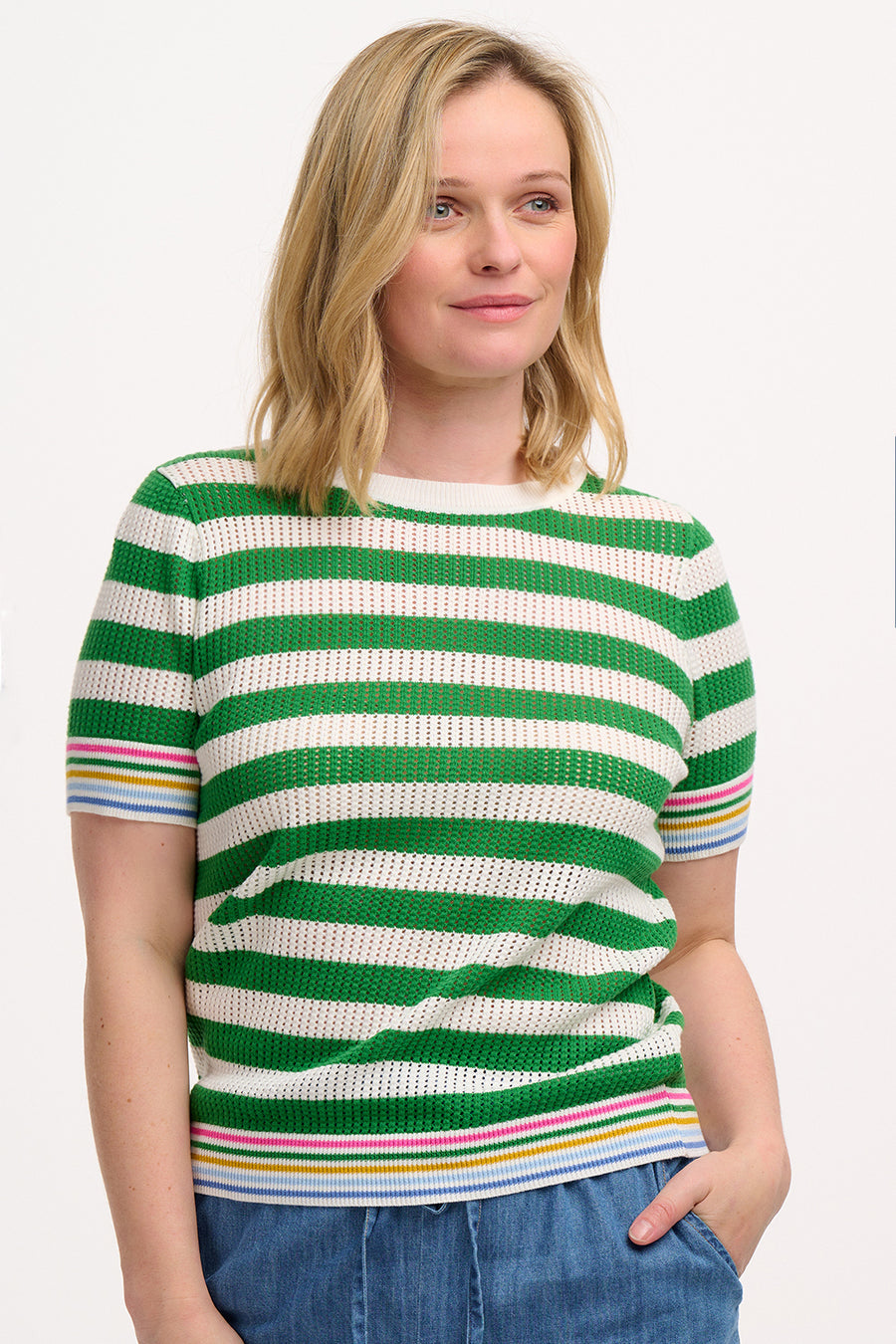 Arden Knit Top in Green/White Stripe