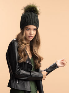 Classic Beanie with Faux Fur Pom in Olive