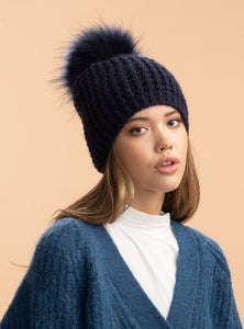 Classic Beanie with Faux Fur Pom in Navy