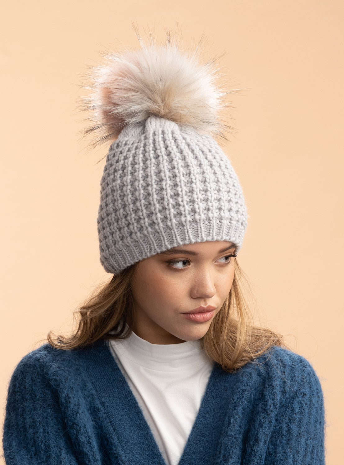 Classic Beanie with Faux Fur Pom in Light Grey w/Pink & Multi Pom