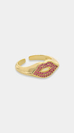Load image into Gallery viewer, Gold Plated CZ Lips Ring in Hot Pink
