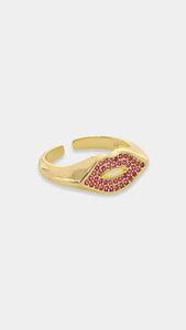 Gold Plated CZ Lips Ring in Hot Pink