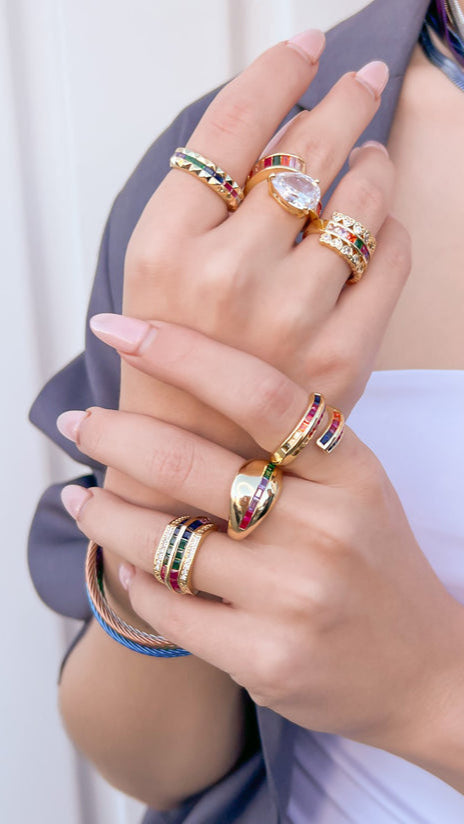 Gold Plated Studded Ring with Embedded Multicolored CZ