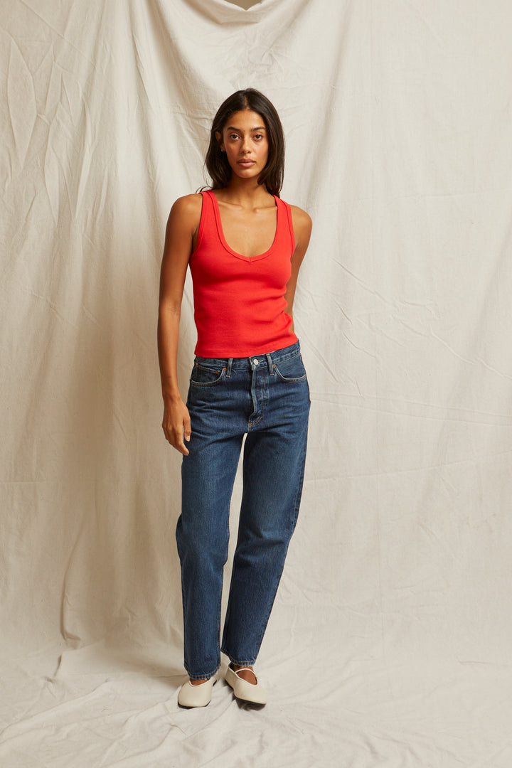 Maria Ribbed V-Neck Tank in Poppy Red