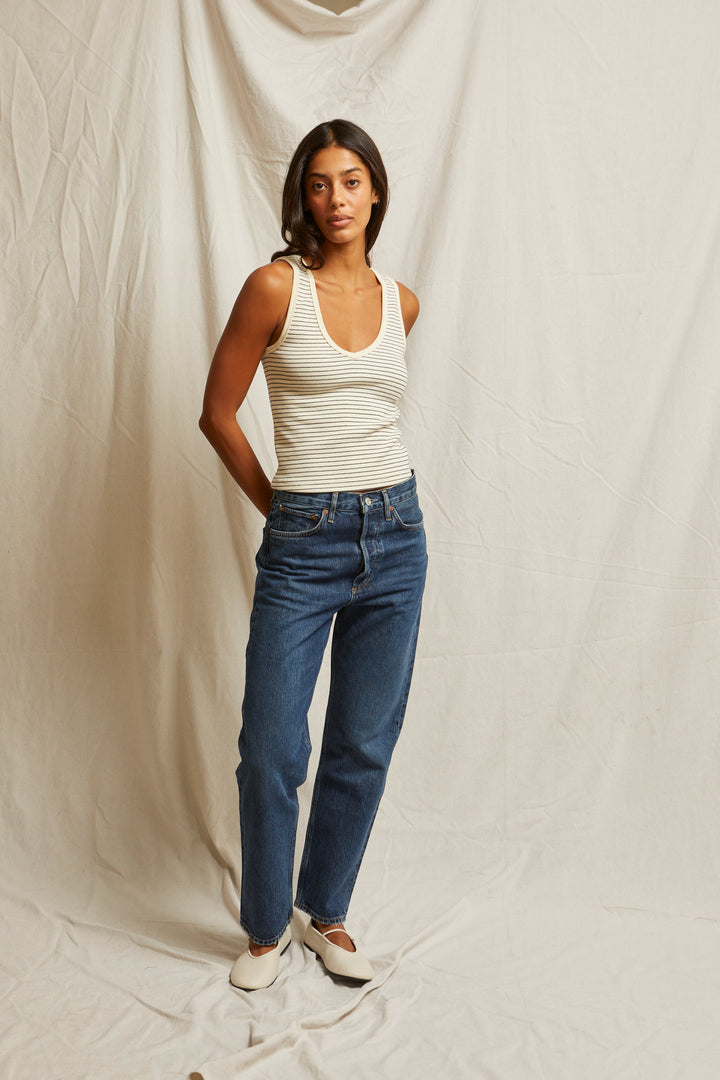 Maria Ribbed V-Neck Tank in Navy/Natural Stripe