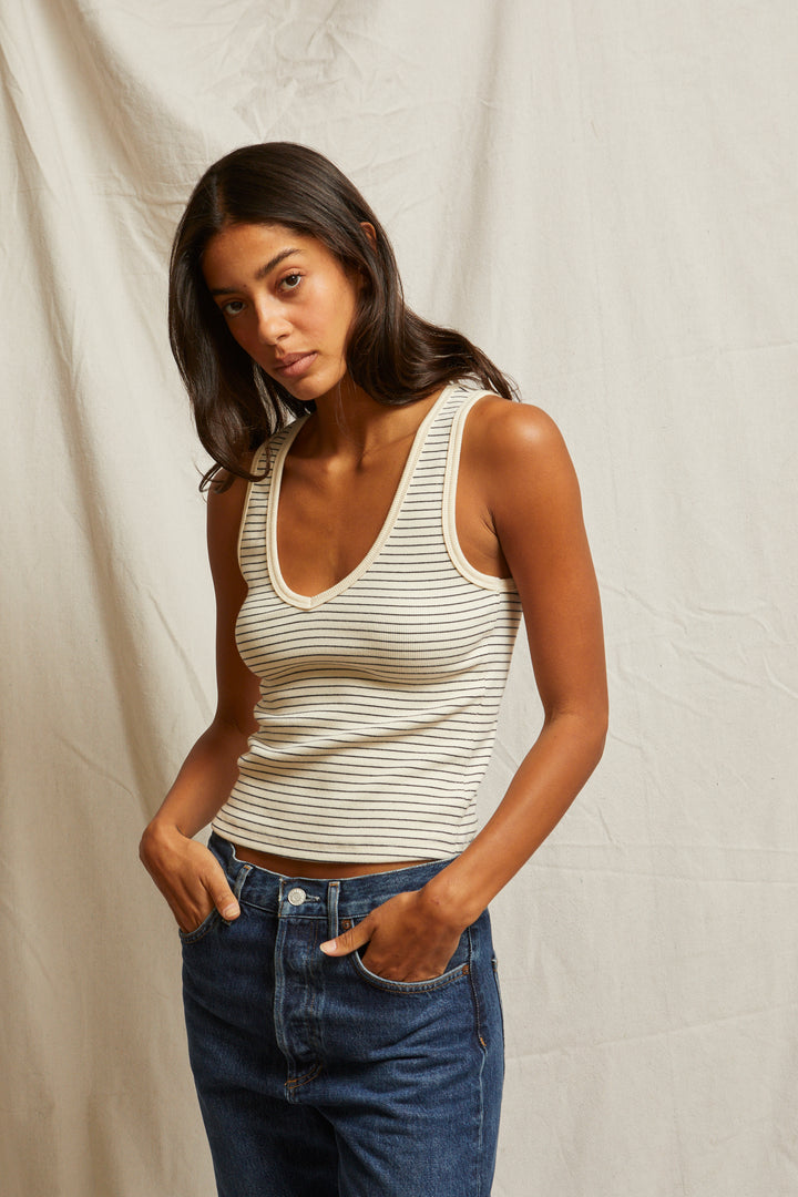 Maria Ribbed V-Neck Tank in Navy/Natural Stripe