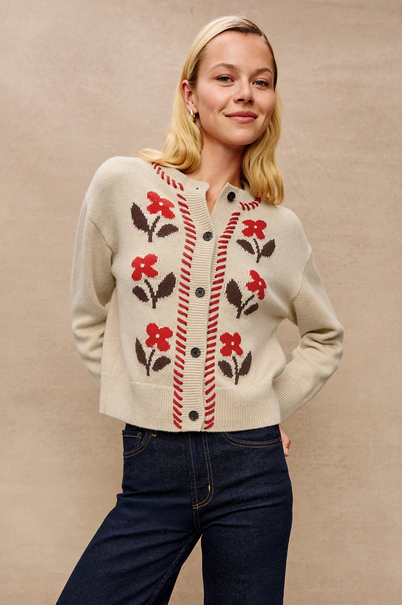 Mavie Cardigan Sweater in Carmine Flower