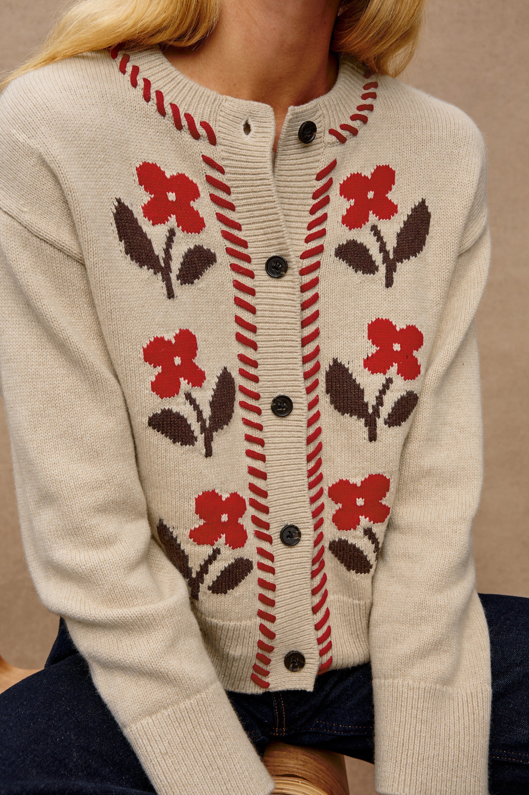Mavie Cardigan Sweater in Carmine Flower