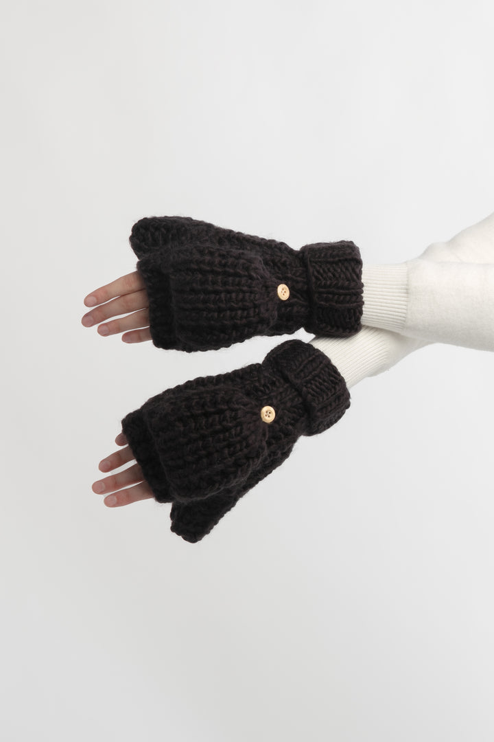 Hand-Knitted Flip Mitten Gloves in Black