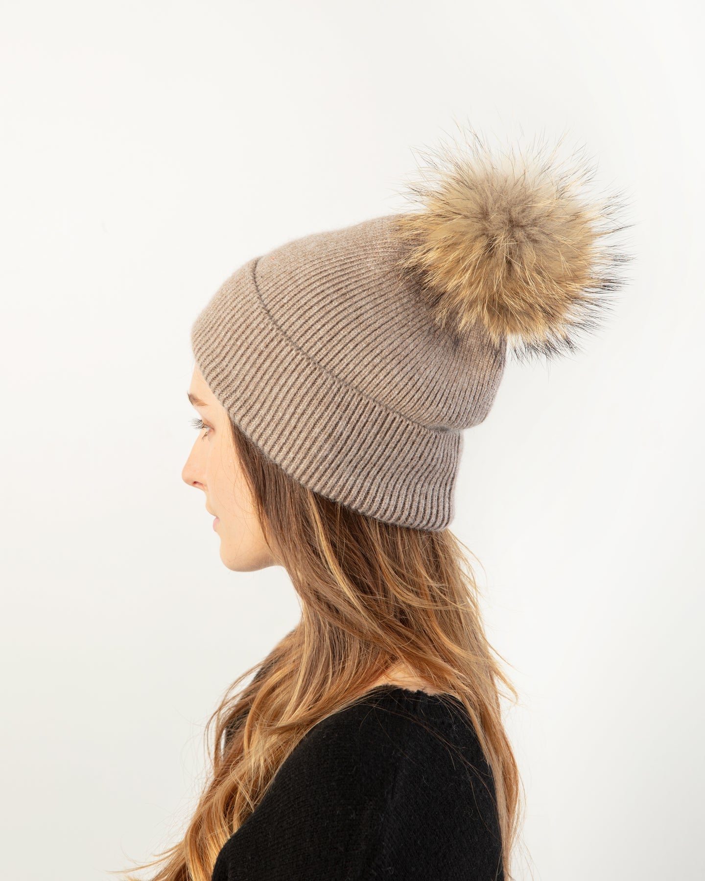 Knit Pom Pom Beanie in Taupe