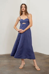Sleeveless Sweetheart Neck Cut-Out Midi Dress in Indigo Blue