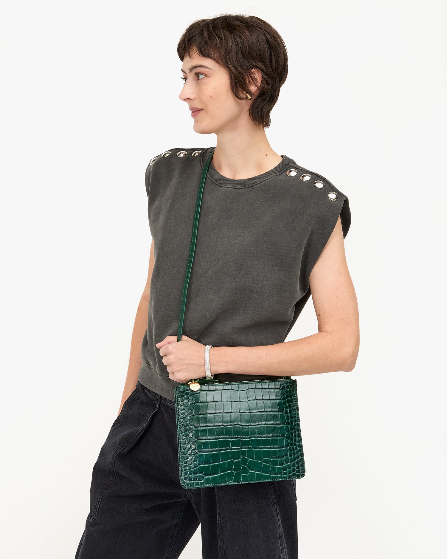 Margot Double Sac Bretelle in Deep Pine Embossed Croco