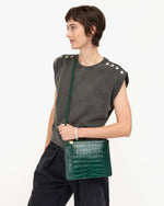 Load image into Gallery viewer, Margot Double Sac Bretelle in Deep Pine Embossed Croco
