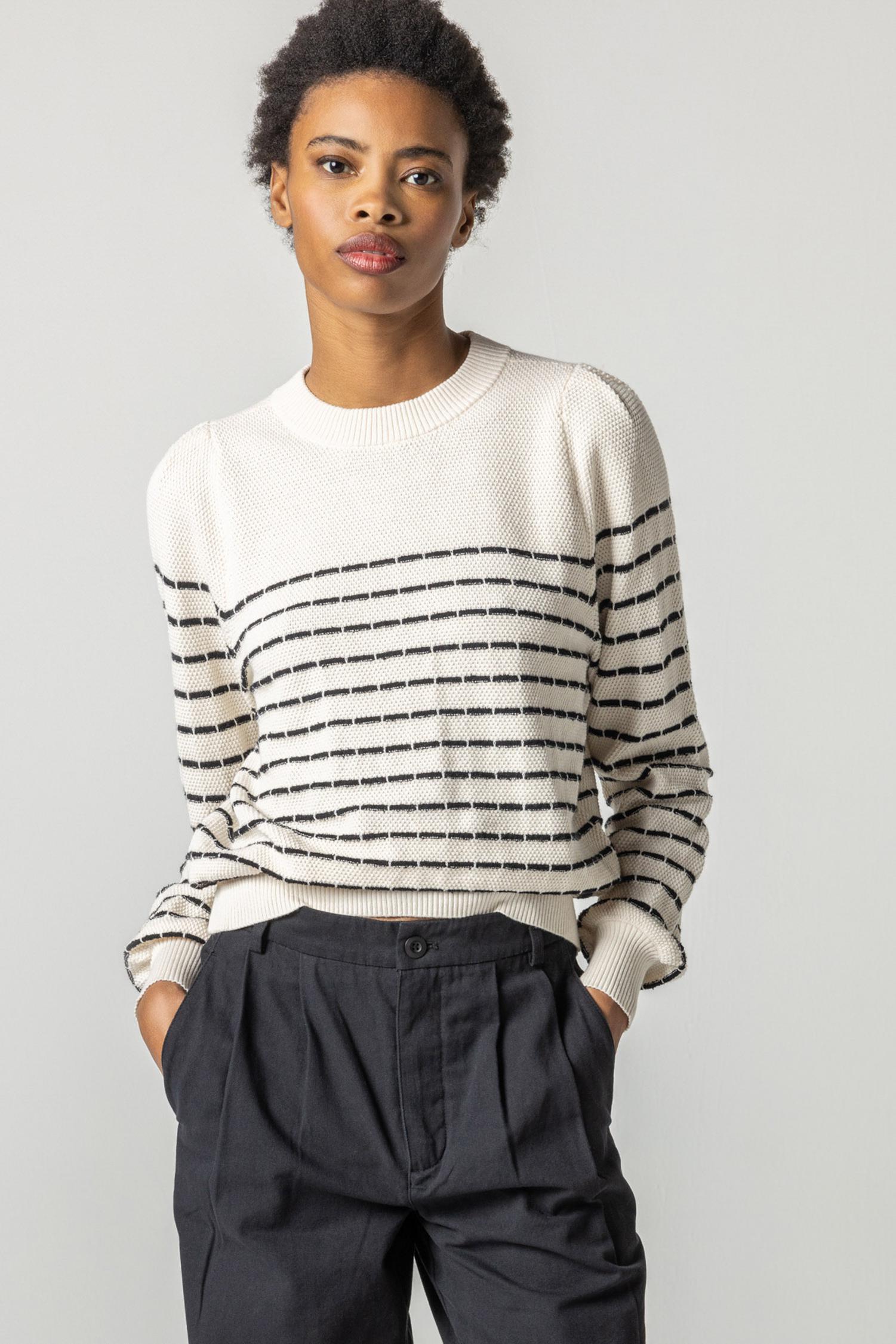 Full Sleeve Crewneck Sweater in Ivory with Black Stripe