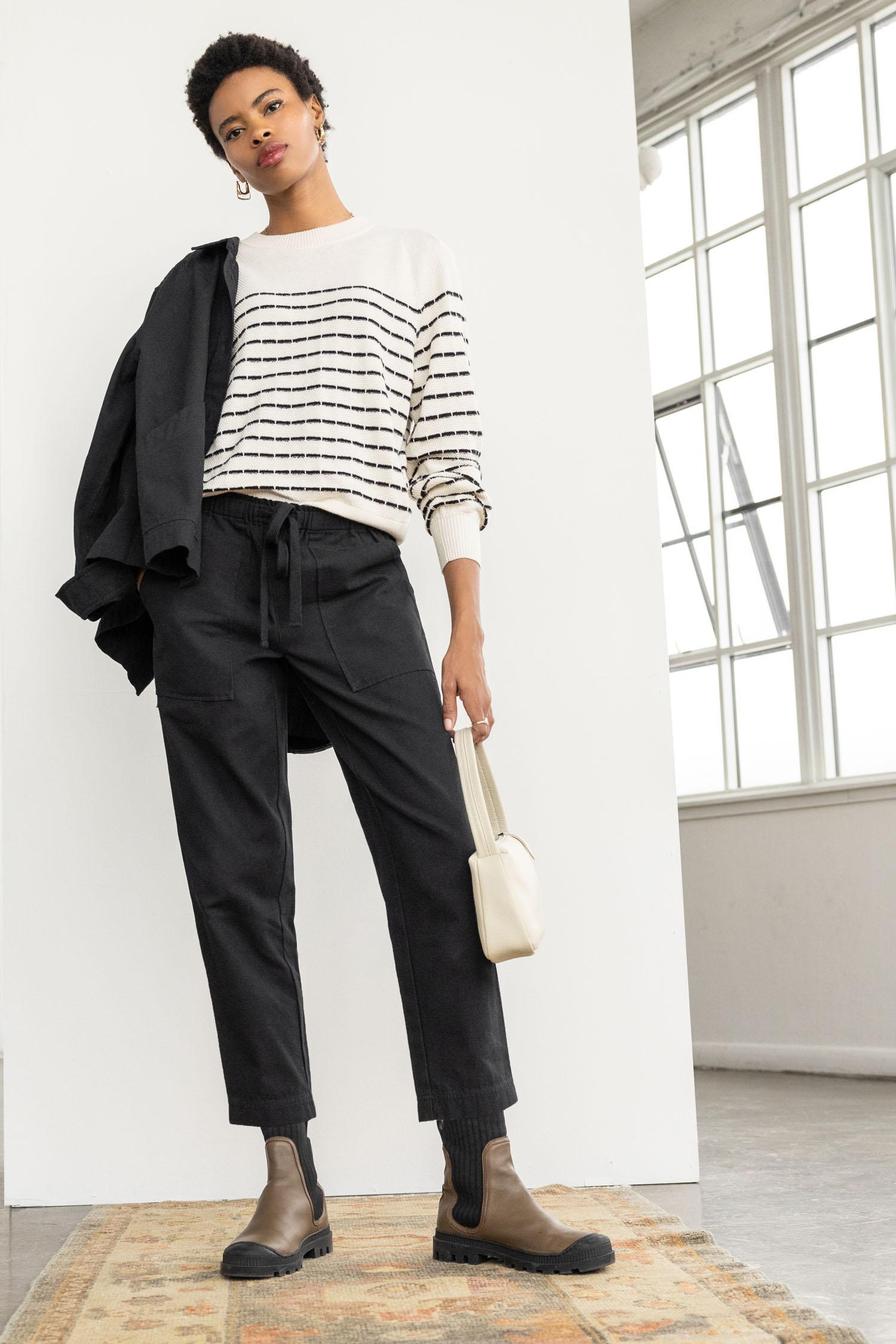 Full Sleeve Crewneck Sweater in Ivory with Black Stripe
