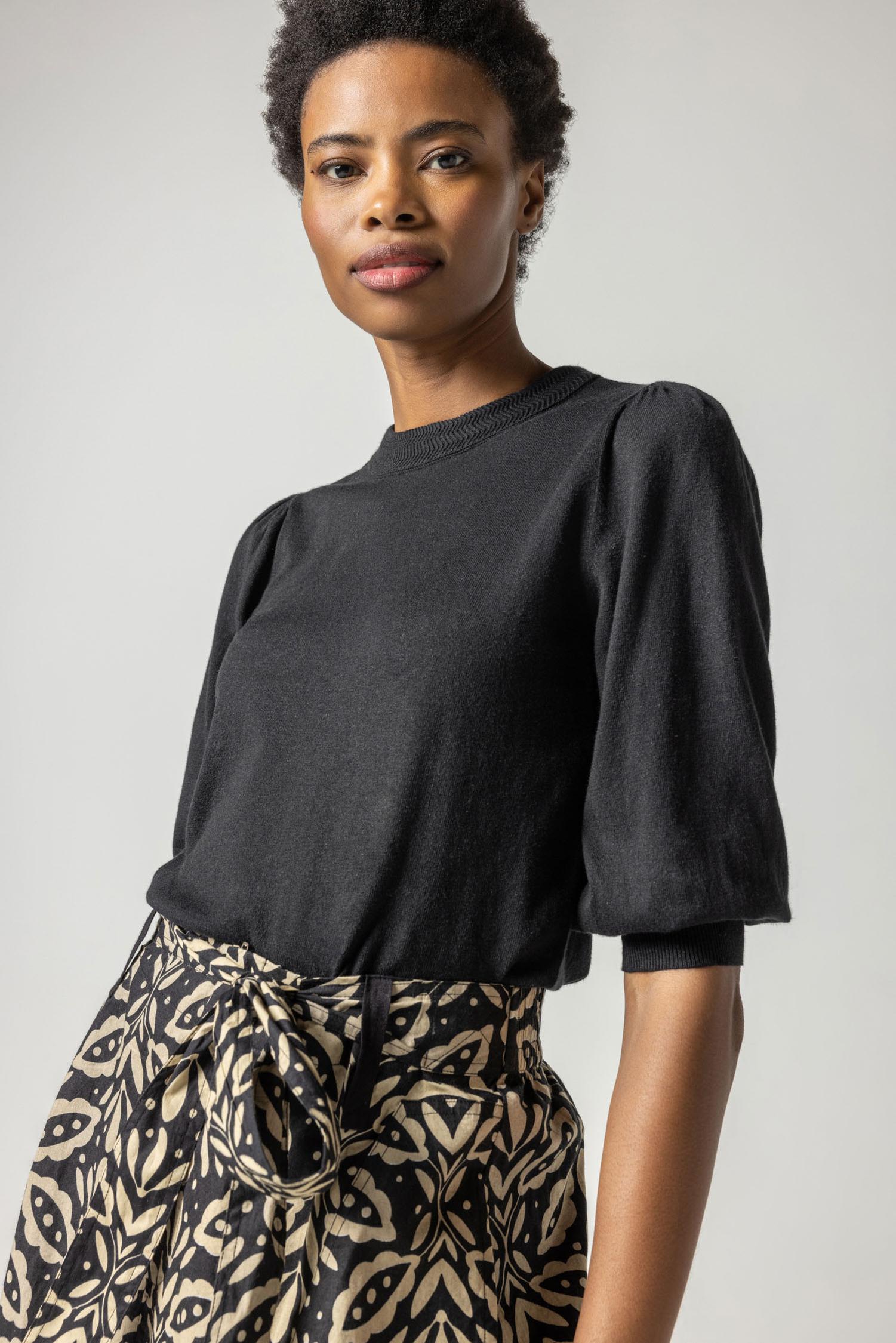 Rib Trim Puff Sleeve Sweater in Black