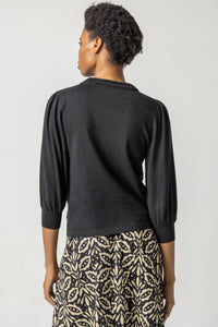Rib Trim Puff Sleeve Sweater in Black