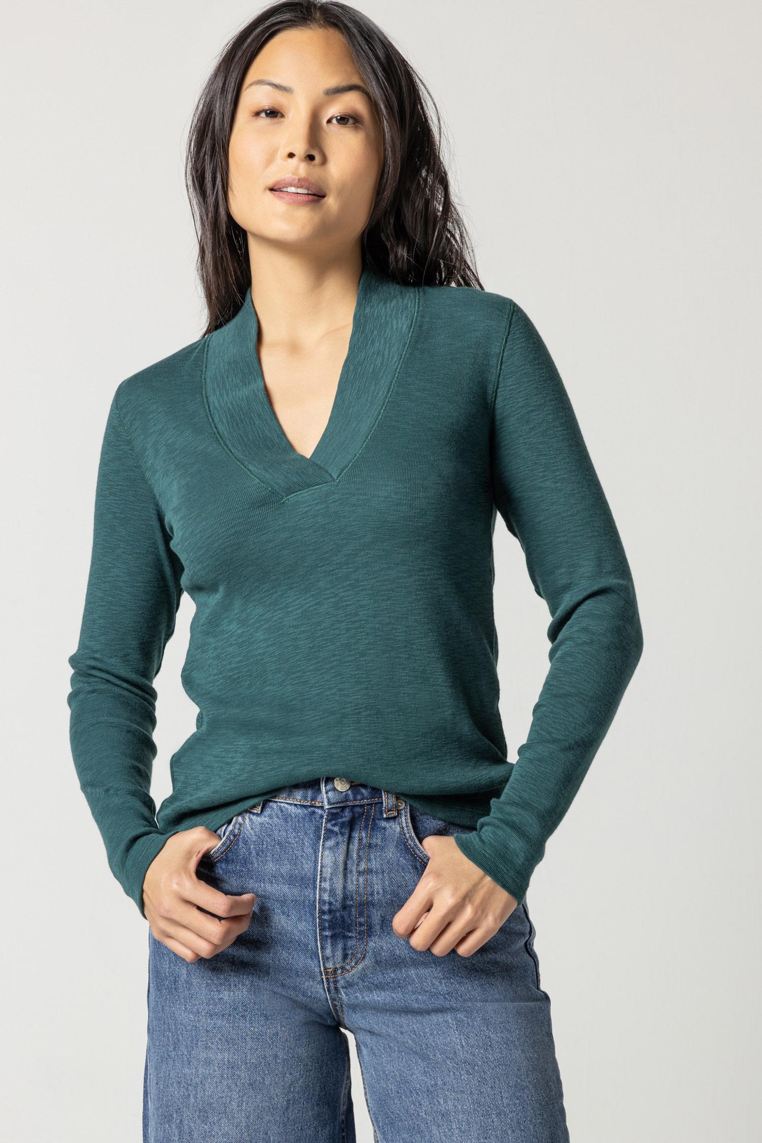 Long Sleeve Shawl Neck Top in Everglade
