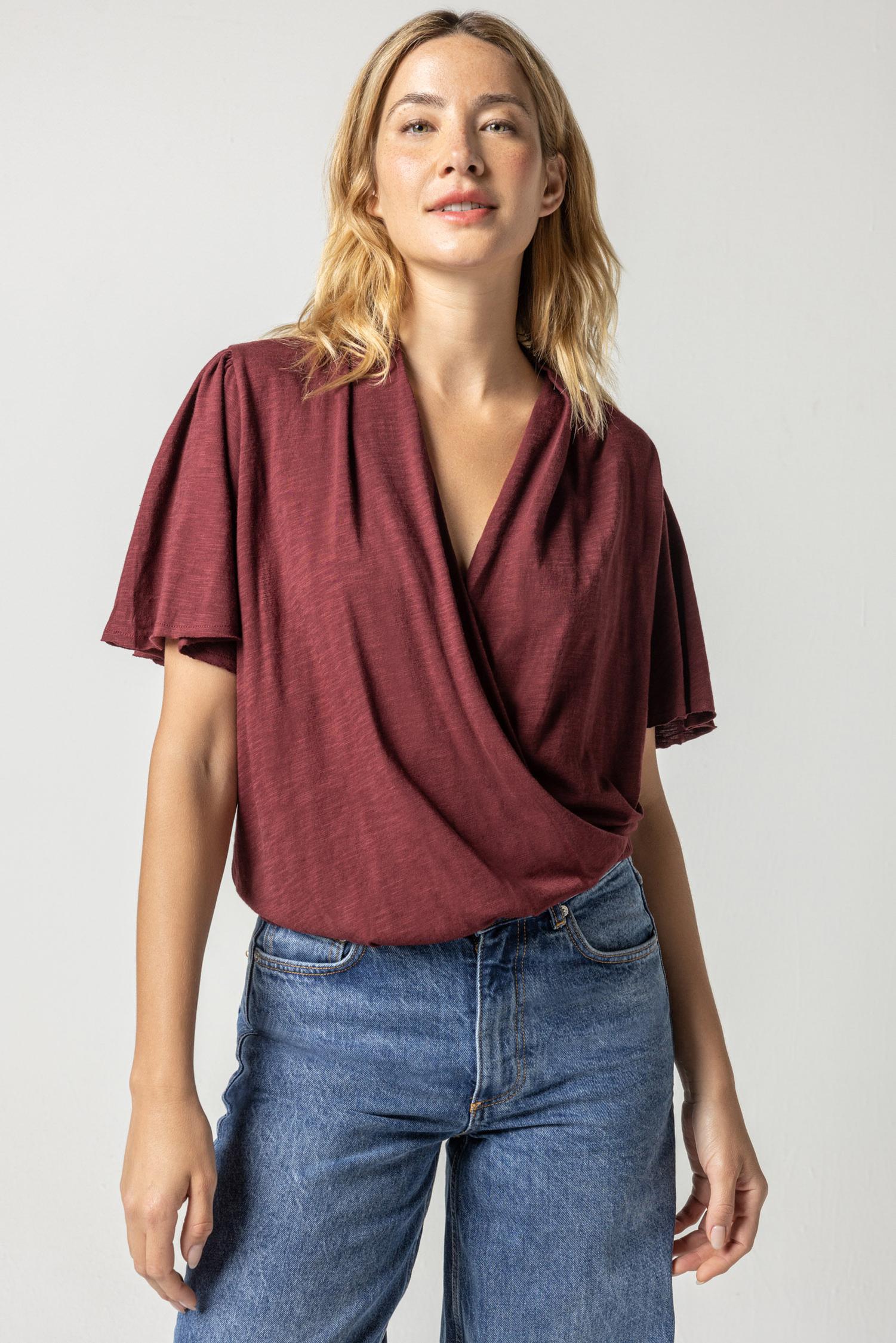 Faux Wrap Flutter Sleeve Top in Merlot