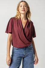 Load image into Gallery viewer, Faux Wrap Flutter Sleeve Top in Merlot
