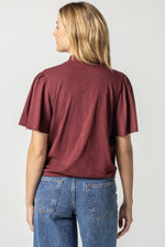 Load image into Gallery viewer, Faux Wrap Flutter Sleeve Top in Merlot
