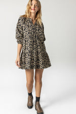 Load image into Gallery viewer, Tiered Split Neck Dress in Khaki Motif
