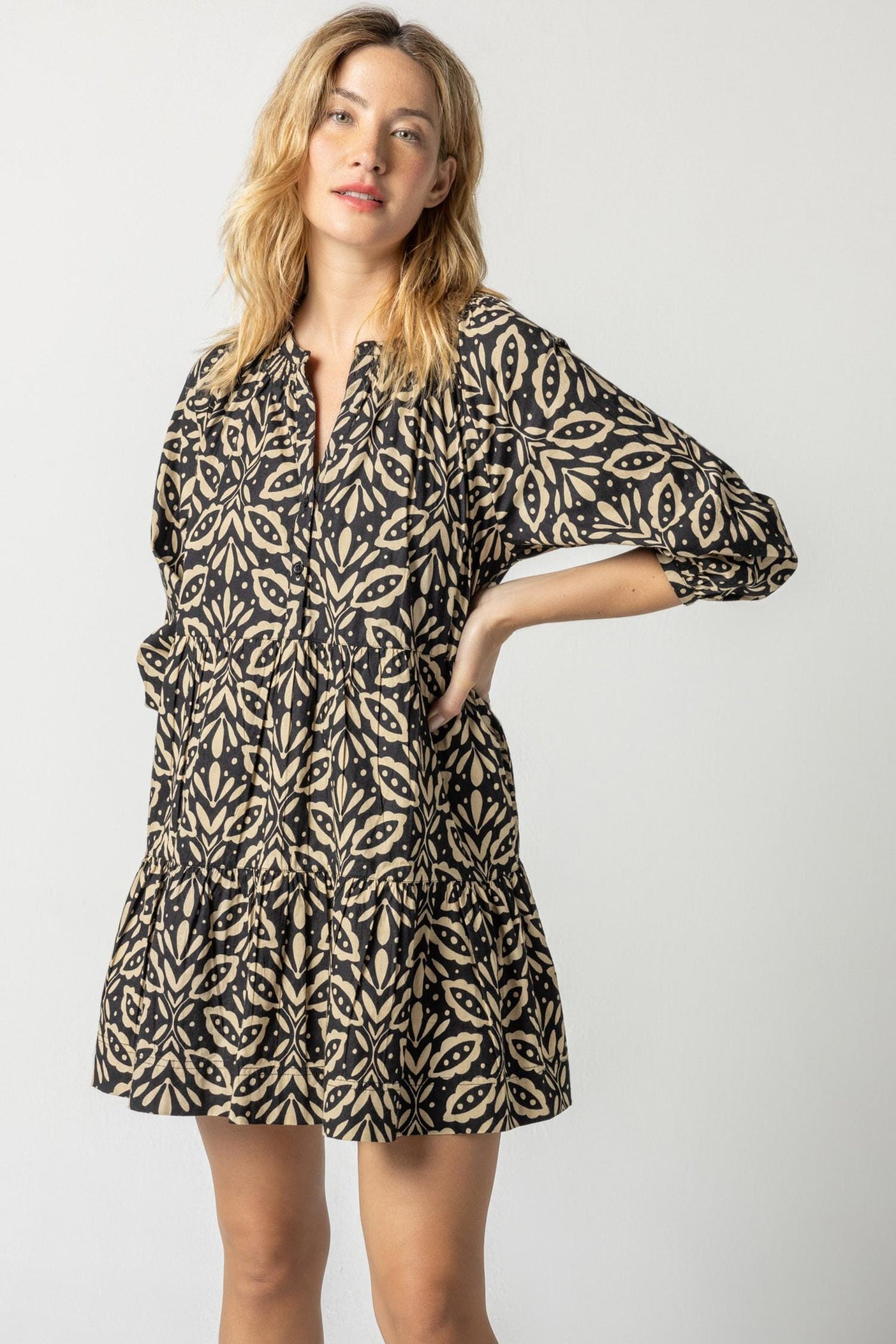 Tiered Split Neck Dress in Khaki Motif