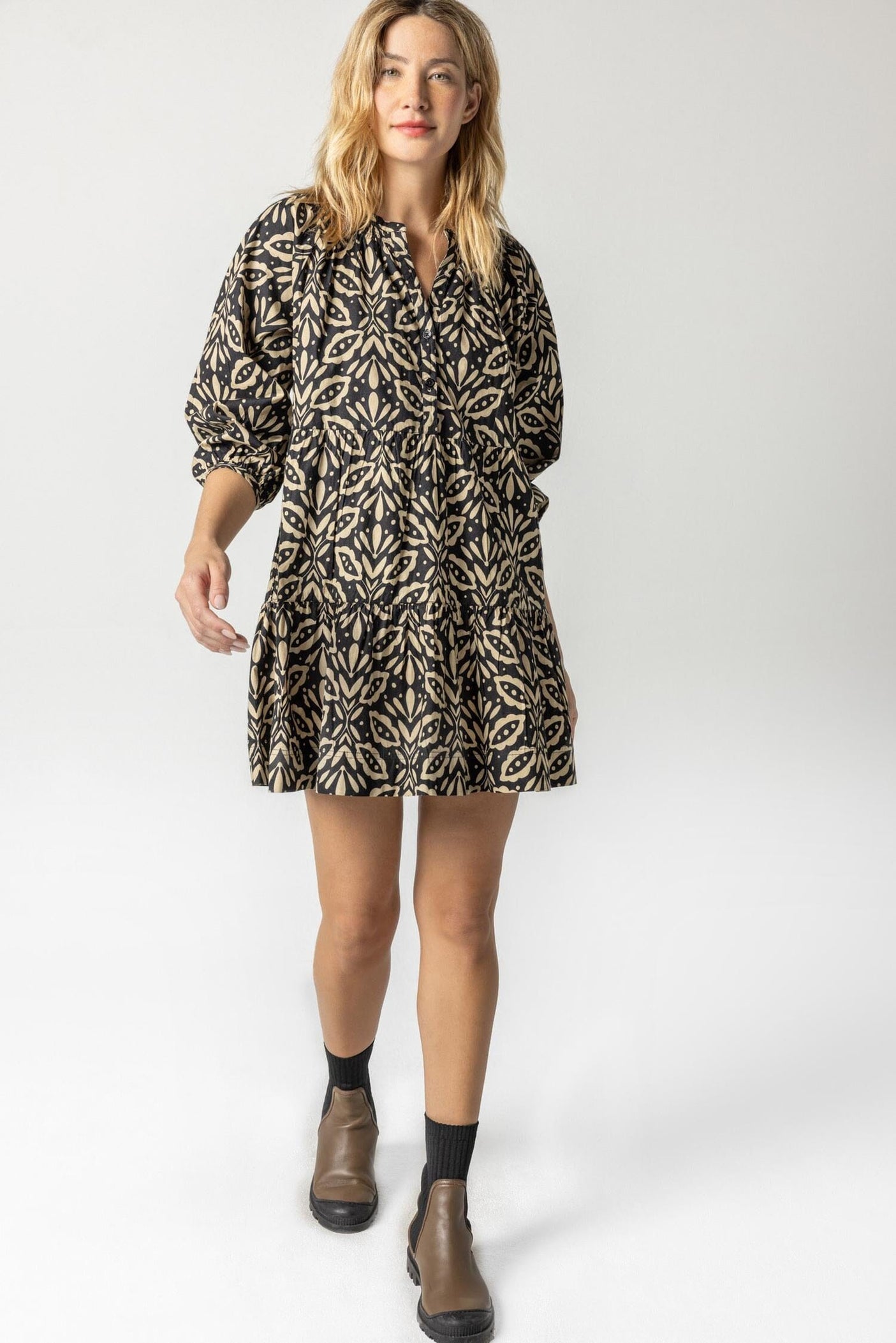 Tiered Split Neck Dress in Khaki Motif