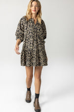 Load image into Gallery viewer, Tiered Split Neck Dress in Khaki Motif
