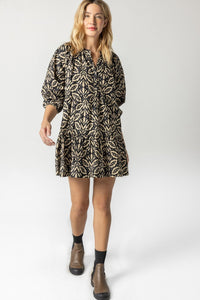 Tiered Split Neck Dress in Khaki Motif